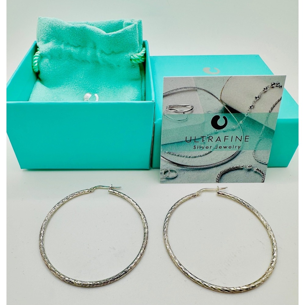 Ultrafine 950 Silver Italy Diamond Cut Large Hoop Earrings Textured Round Boxed
